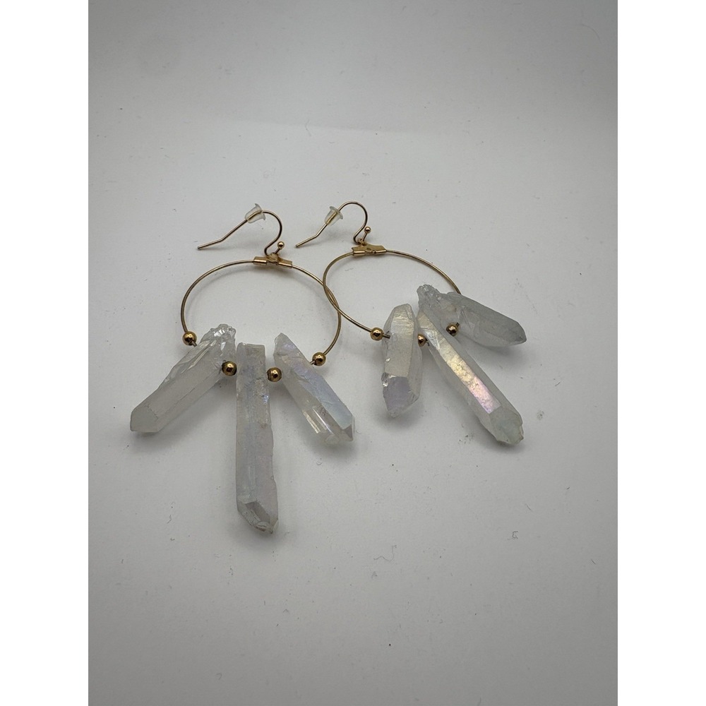 Raw Quartz Crystal Hoop Earrings Gold Wire Boho Dangle Iridescent Aura Points